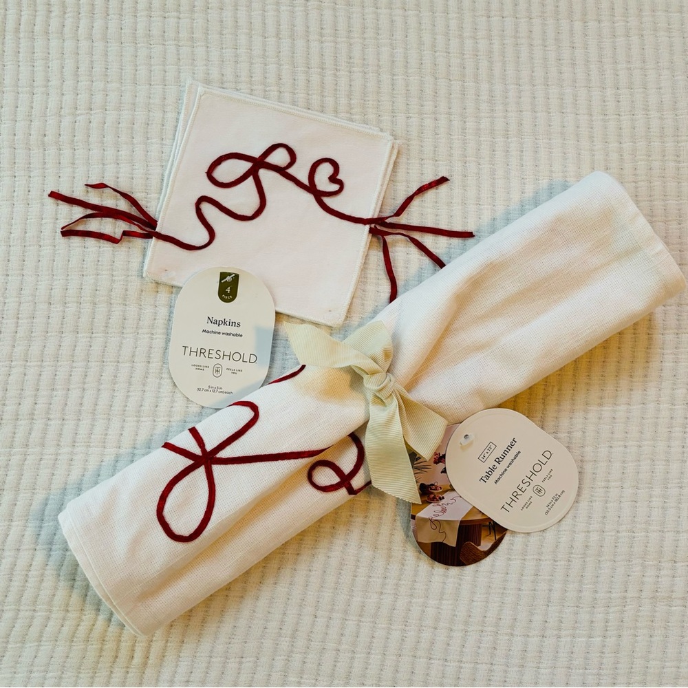 Threshold Ribbon Love Table Runner and Cocktail Napkins Set of 4 White & Red NWT